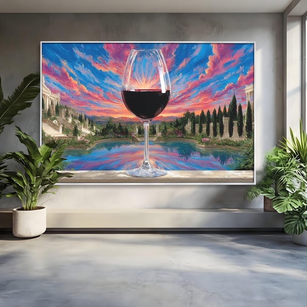 Tablou canvas cu tablou canvas cu pahar de vin si apus, in rama de aluminiu argintiu